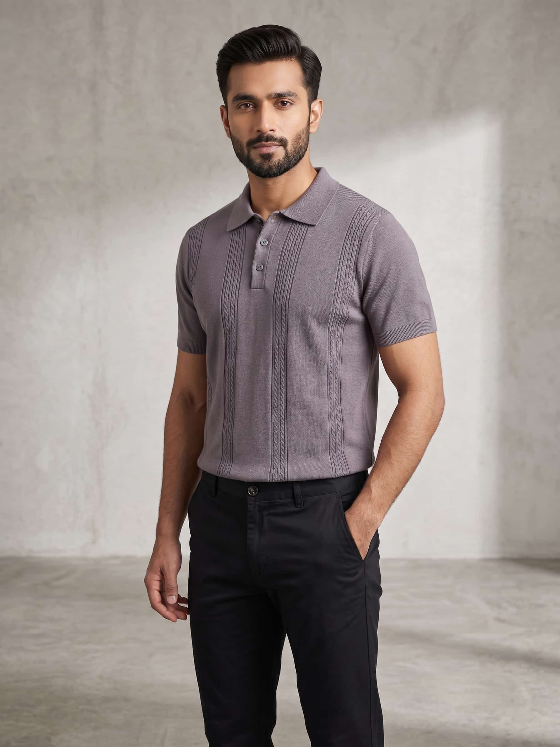 Men's Mauve Cable-Knit Polo & Black Chinos Pair