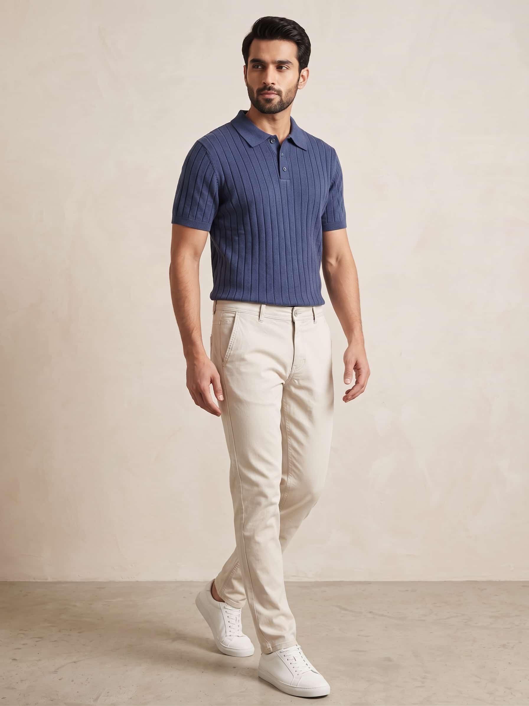 Men's Slate Blue Ribbed Knit Polo & Beige Chinos Pair