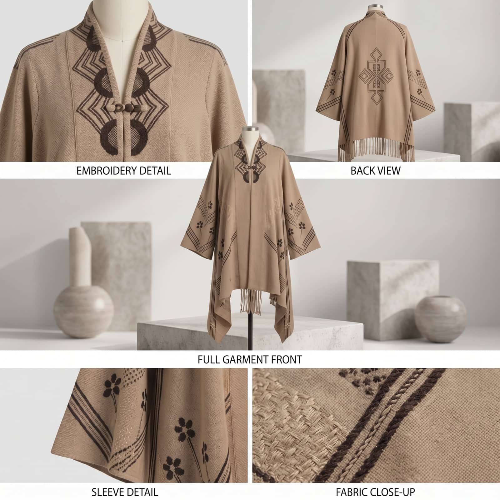 Camel Embroidered Fringe Winter Wrap Cape