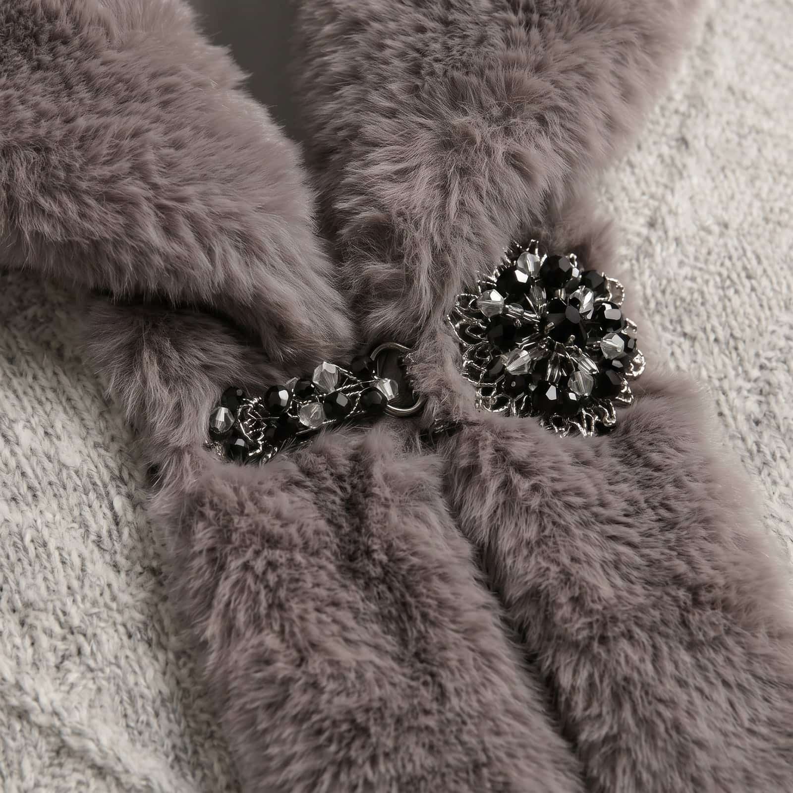 Grey Faux Fur Collar Chevron Knit Cape