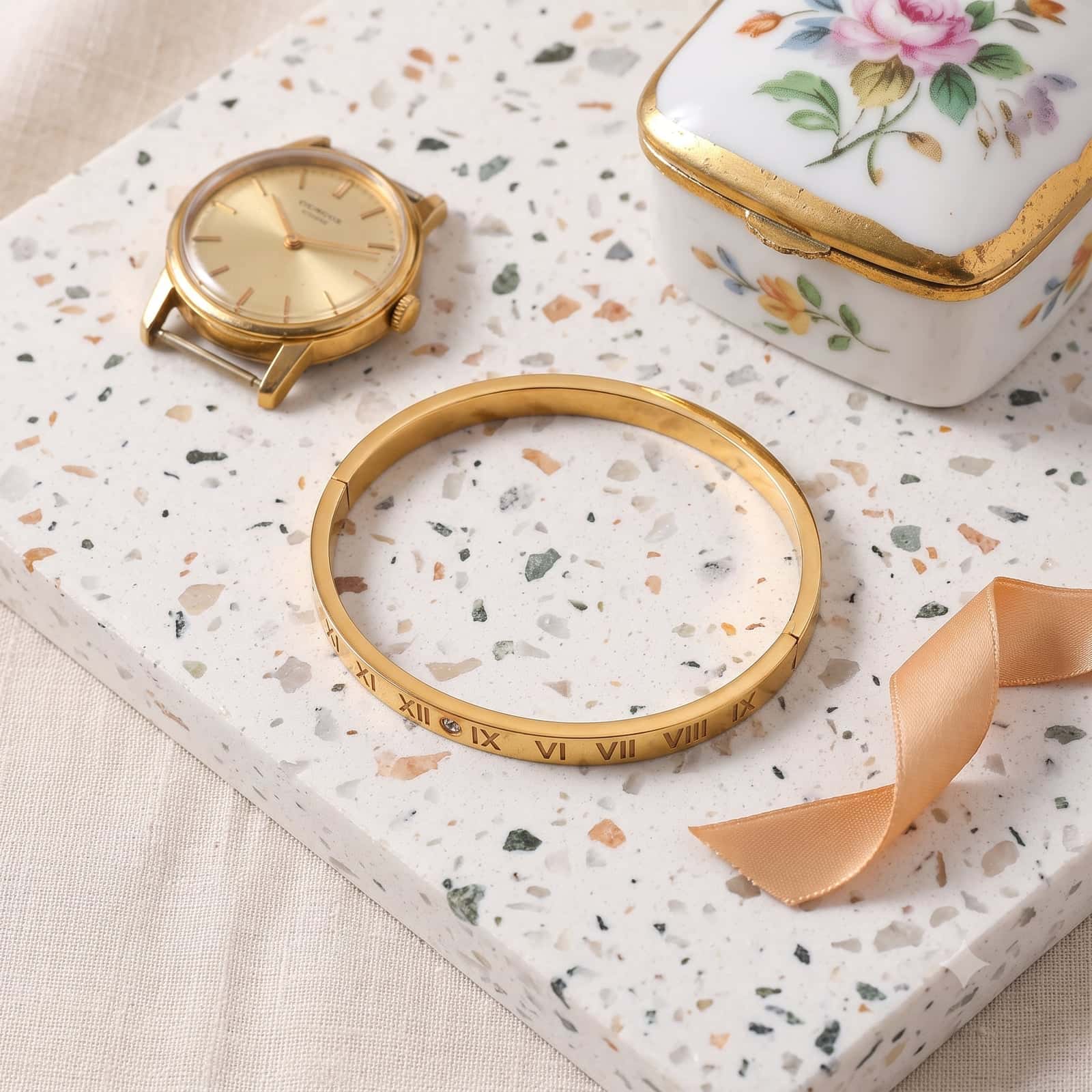 Roman Numeral Crystal Gold Bangle