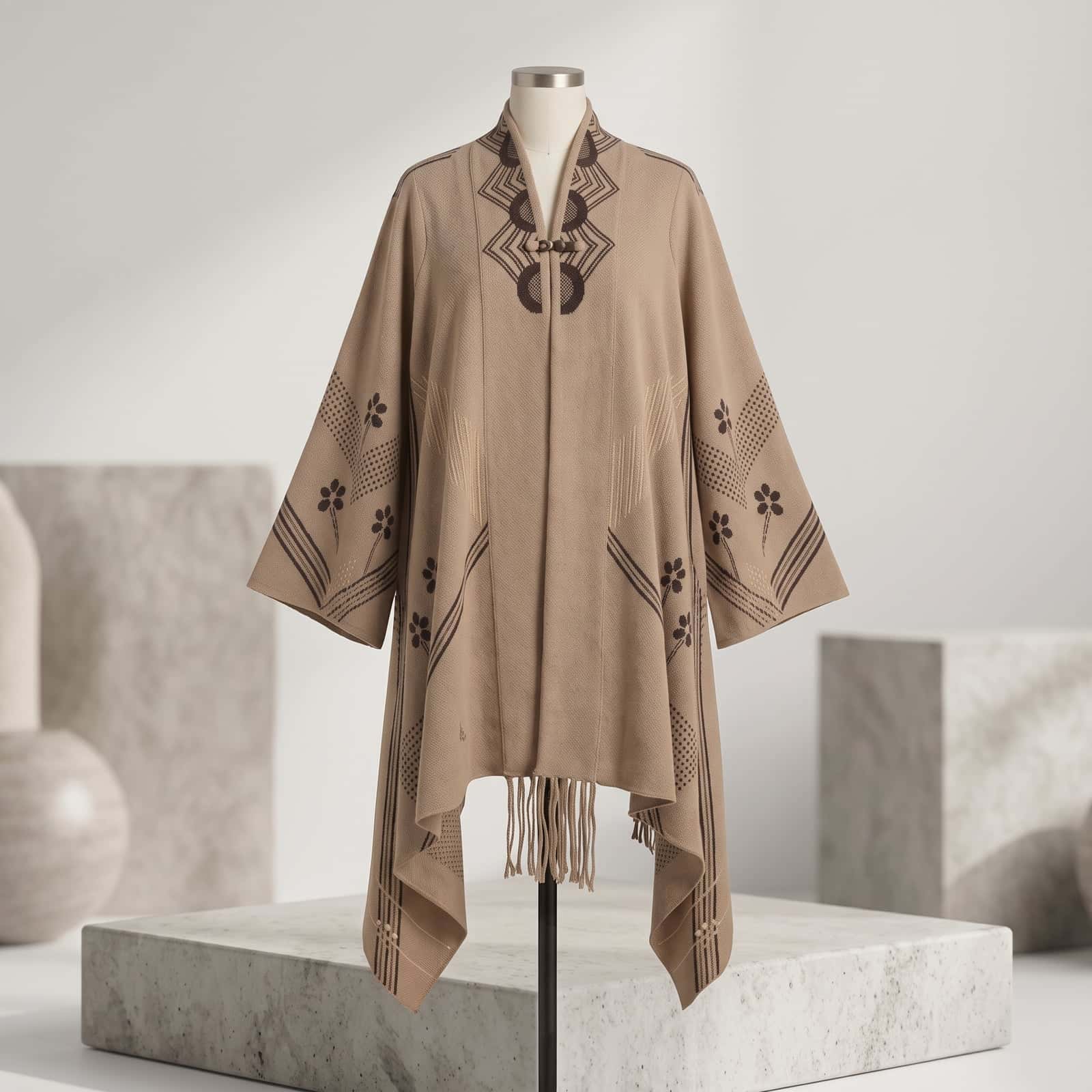 Camel Embroidered Fringe Winter Wrap Cape