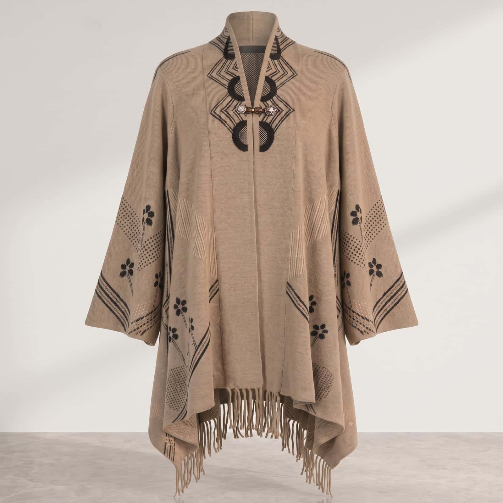 Camel Embroidered Fringe Winter Wrap Cape