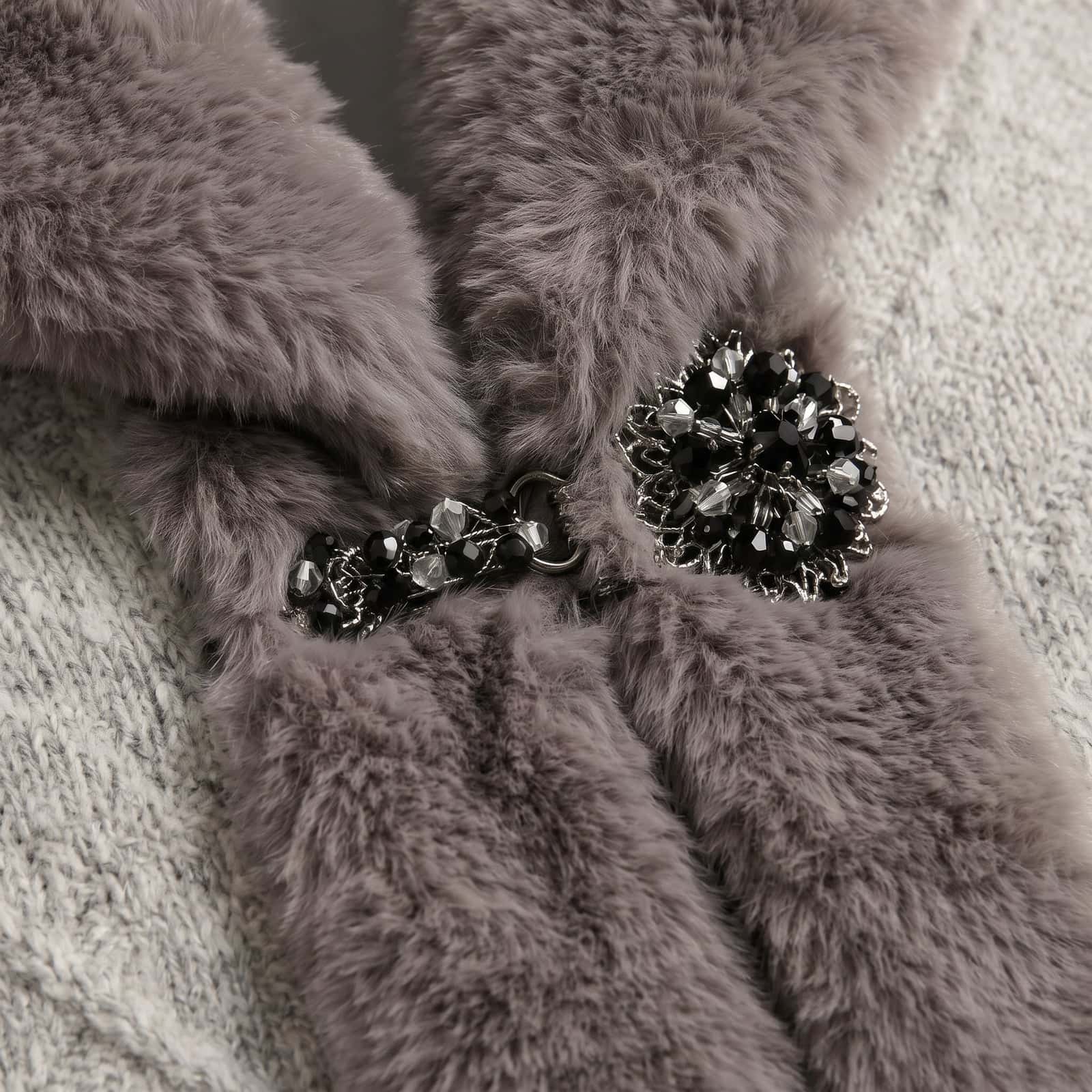 Grey Faux Fur Collar Chevron Knit Cape