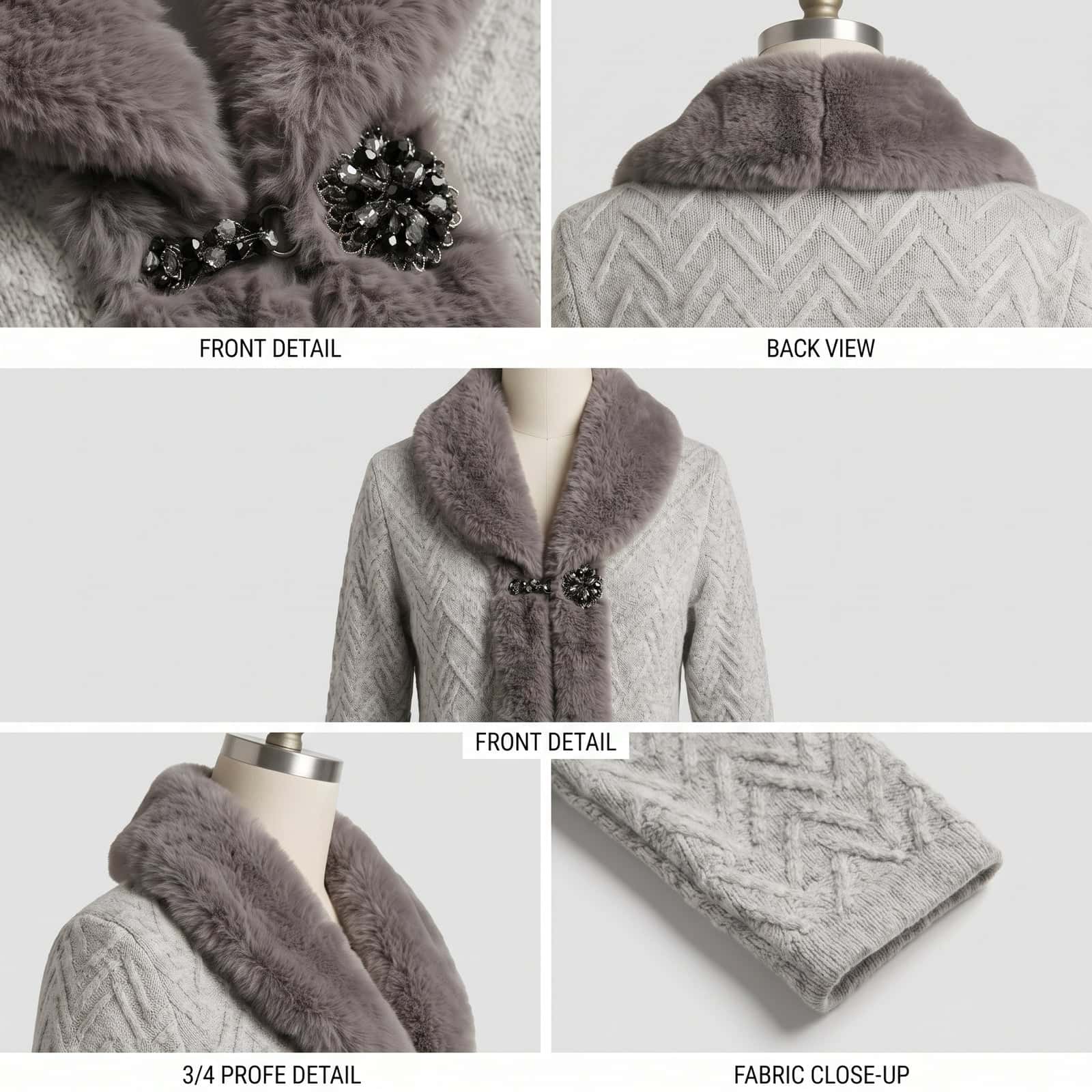 Grey Faux Fur Collar Chevron Knit Cape