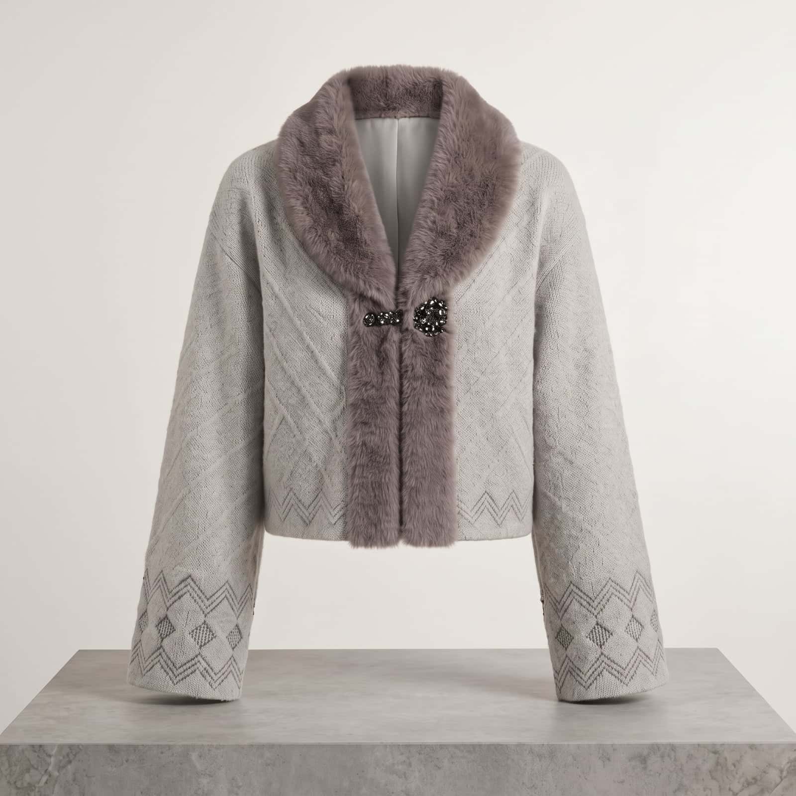 Grey Faux Fur Collar Chevron Knit Cape