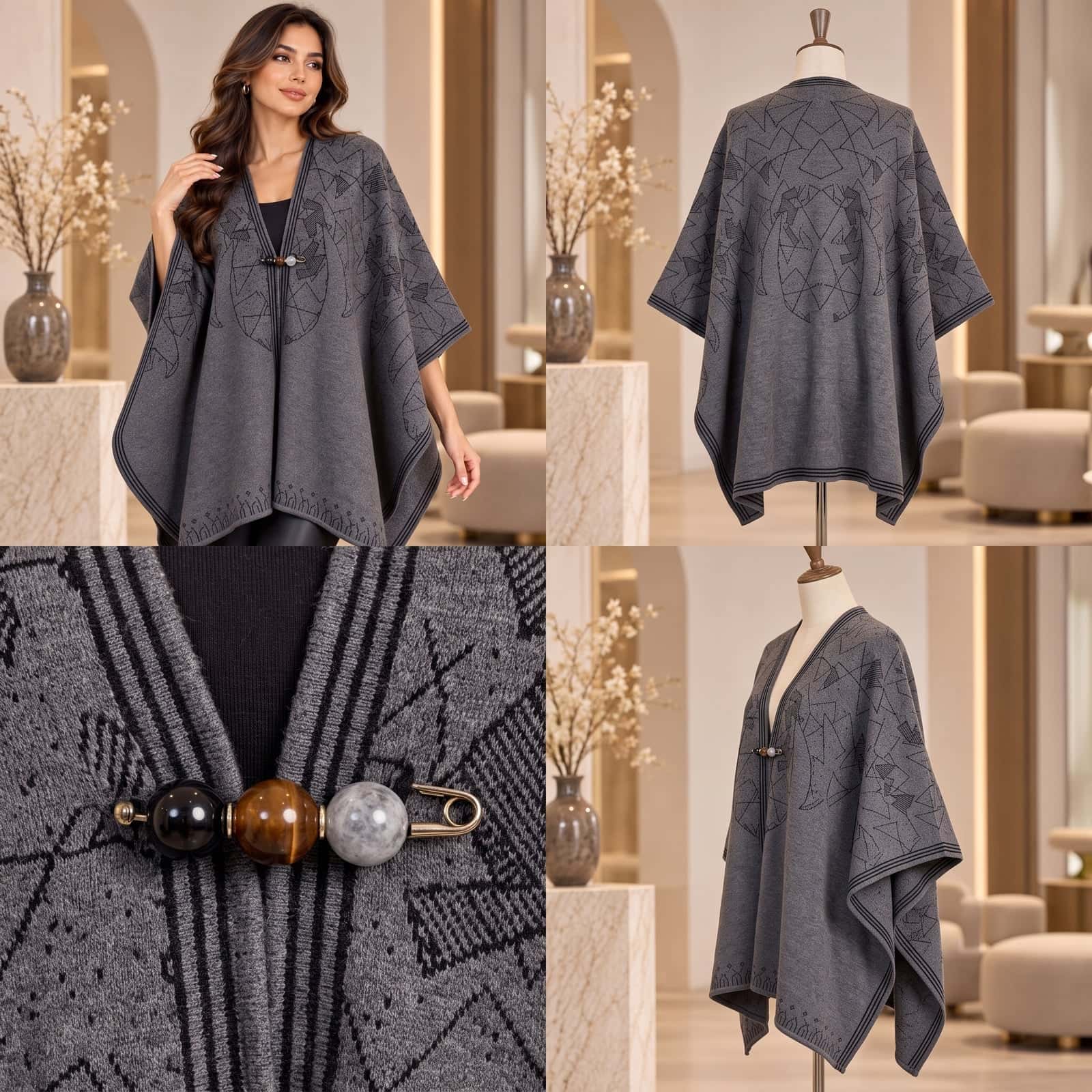 Heather Grey Geometric Knit Poncho