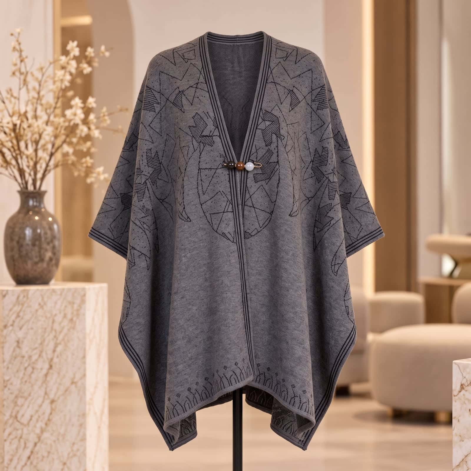 Heather Grey Geometric Knit Poncho