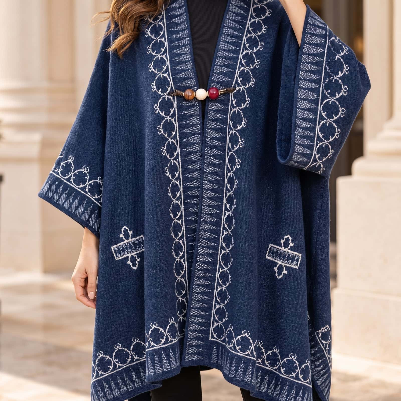 Navy Royal Cape — Geometric Embroidery