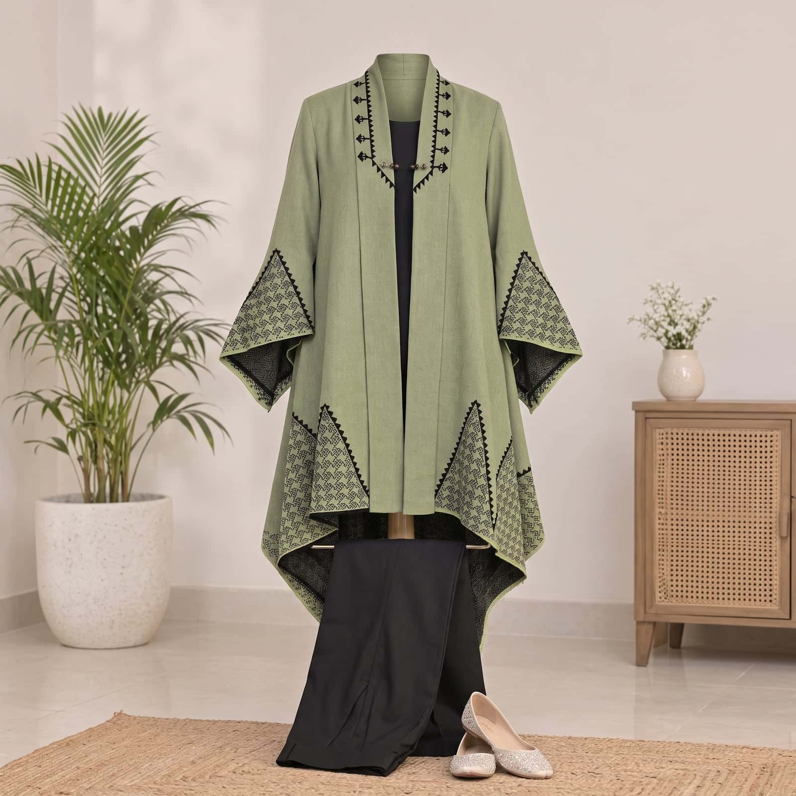 Sage Green Embroidered Winter Cape Wrap