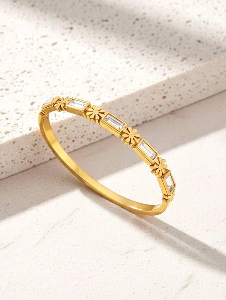 Baguette Crystal Floral Gold Bangle