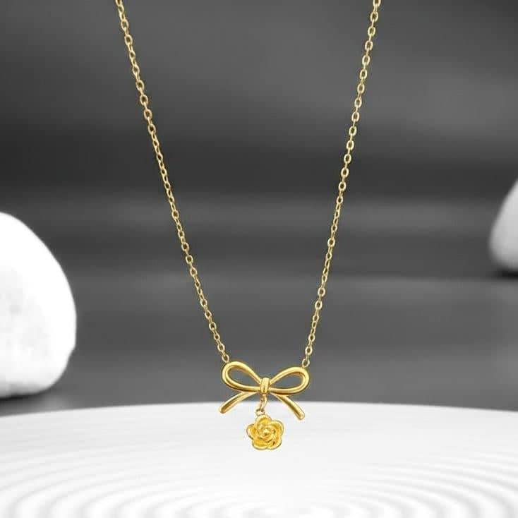 Bow Rose Charm Gold Necklace