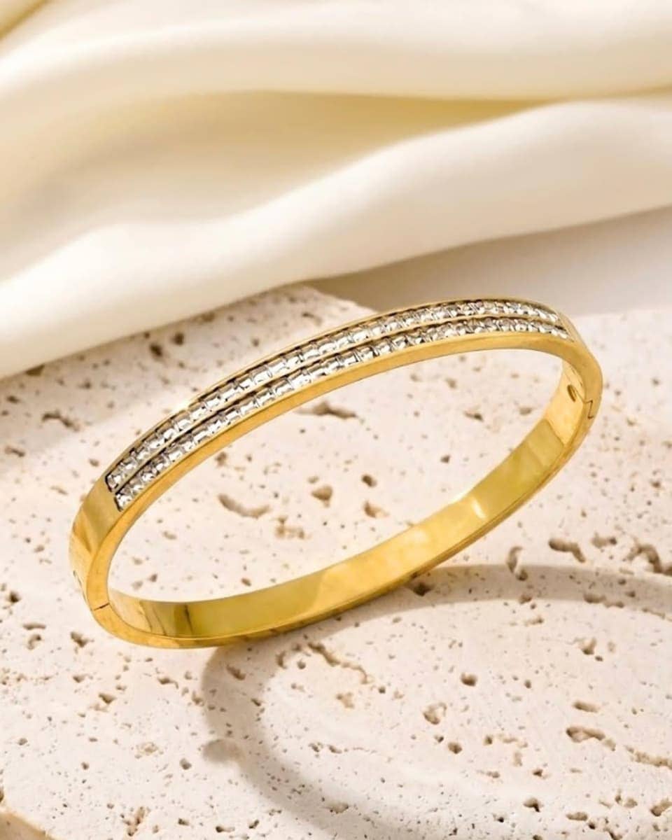 Double Row Crystal Gold Hinged Bangle