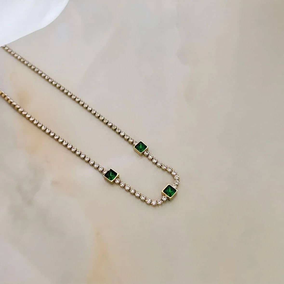 Emerald Crystal Tennis Gold Necklace