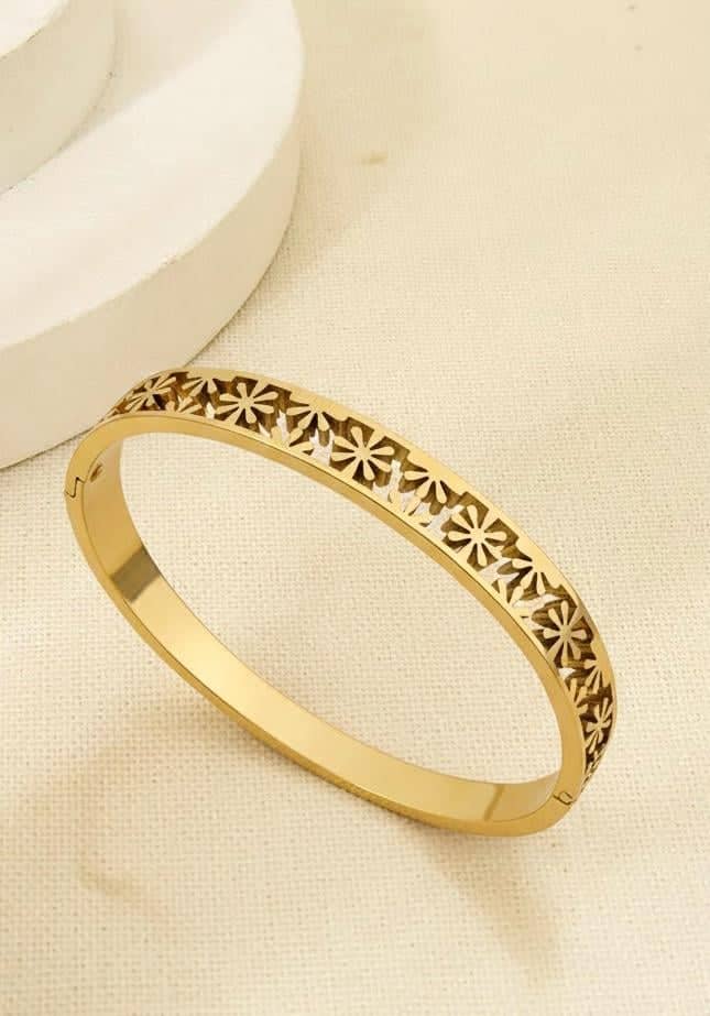 Floral Cutout Gold Hinged Bangle