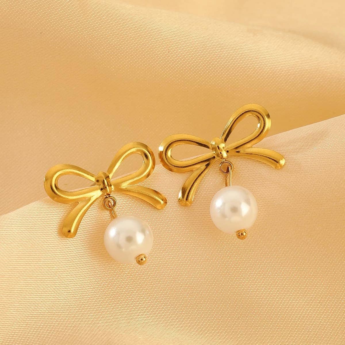 Gold Bow Pearl Drop Earrings