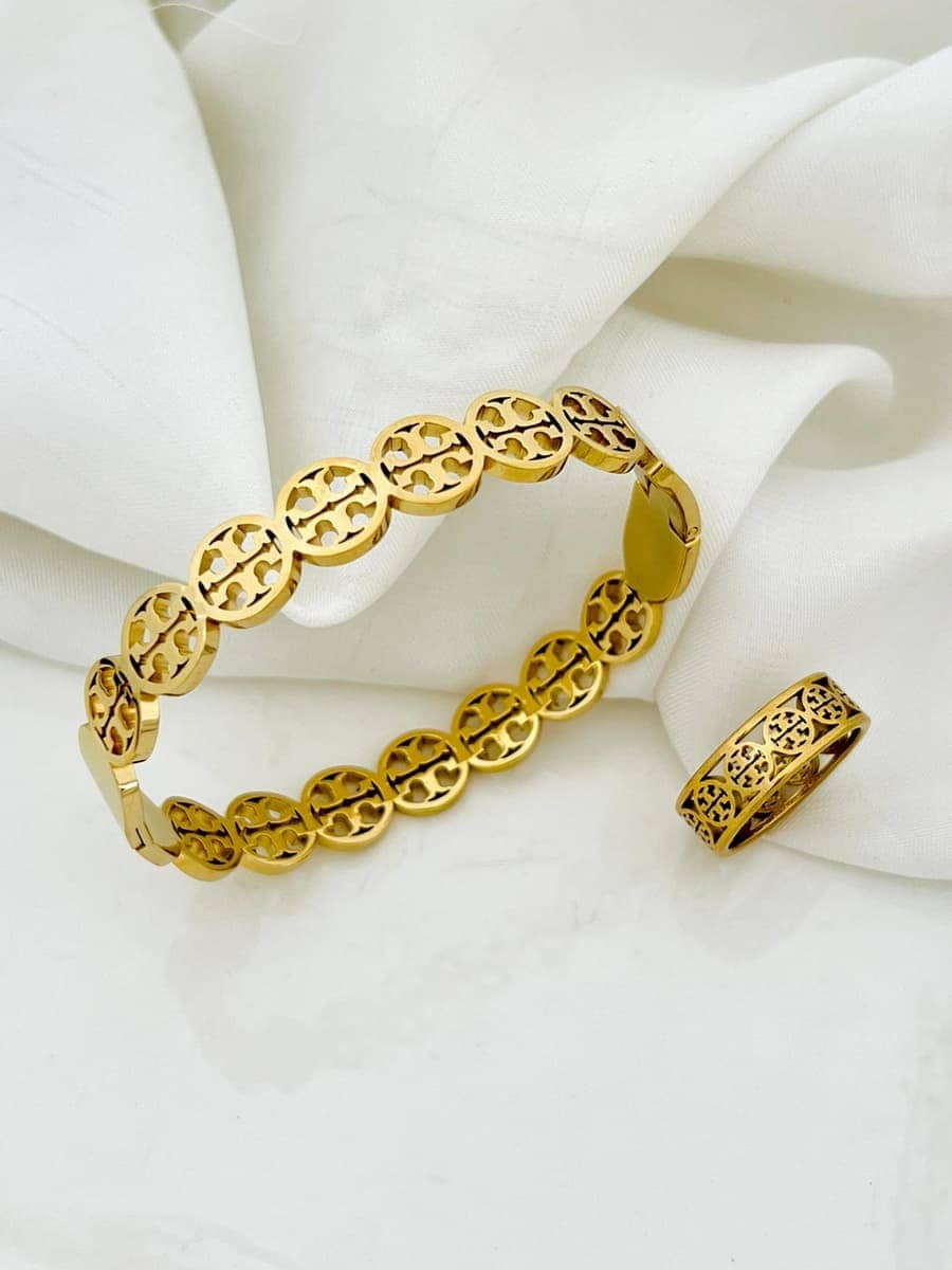 Gold Logo Medallion Bangle Ring Set