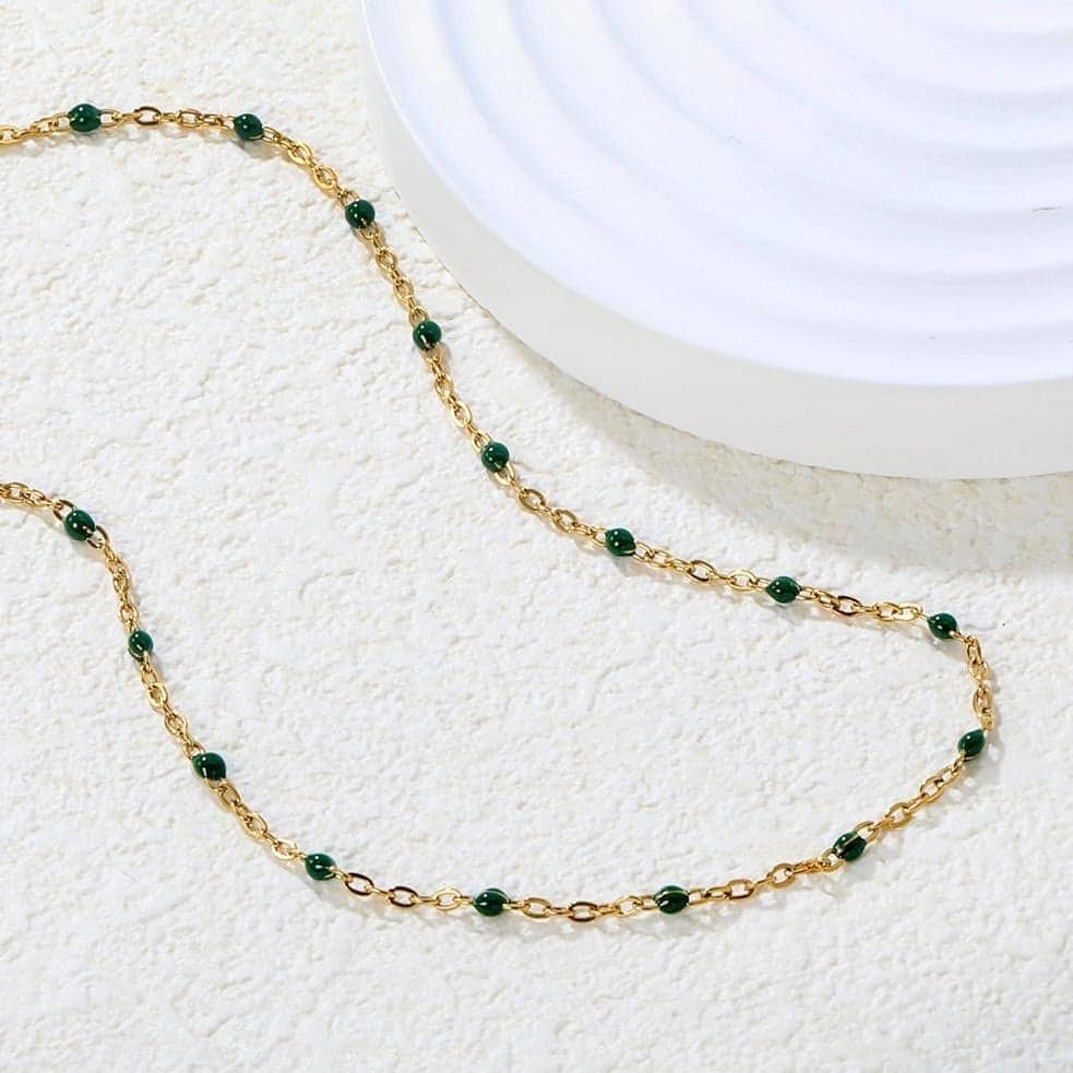 Green Bead Station Gold Necklace