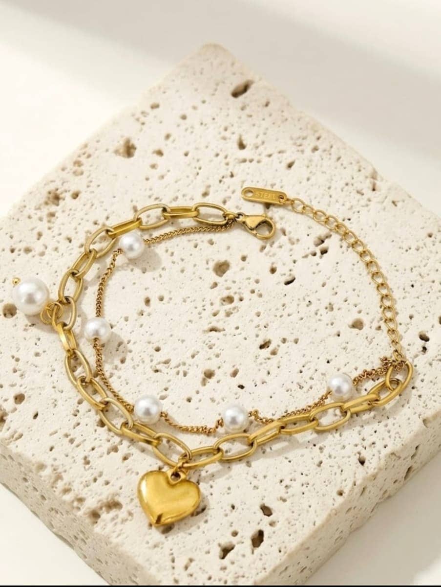 Layered Pearl Heart Charm Bracelet
