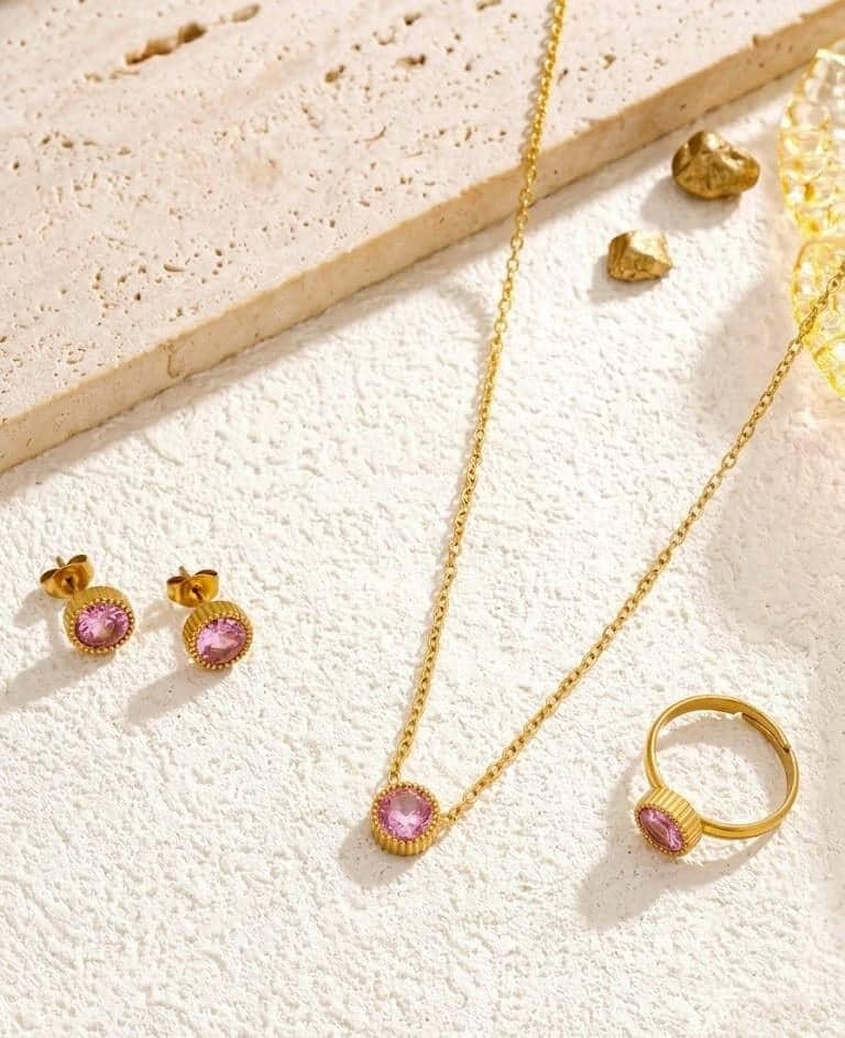 Pink Crystal Gold Jewelry Set