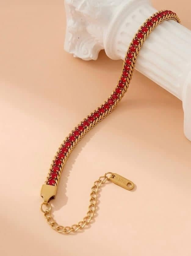 Red Stone Gold Curb Chain Bracelet