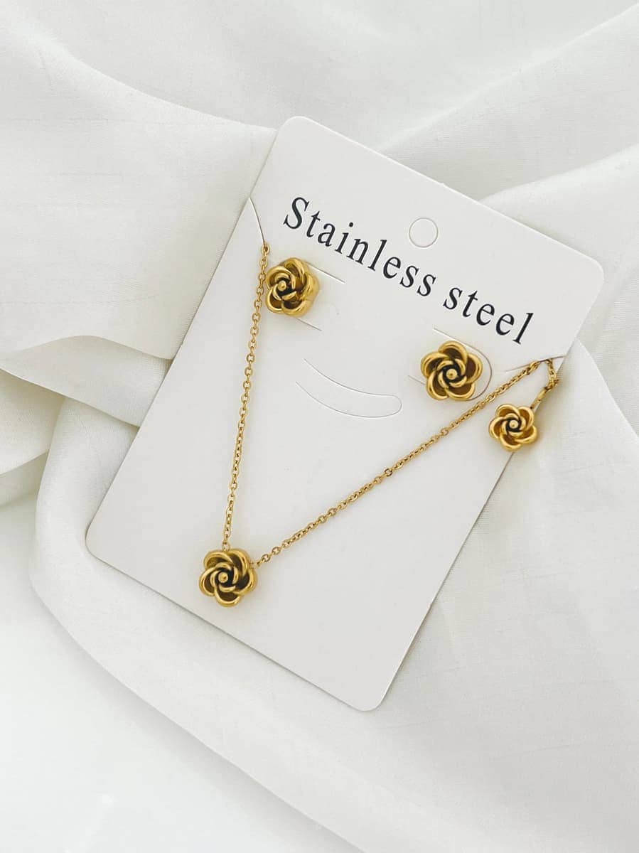 Rose Flower Gold Necklace Earring Set