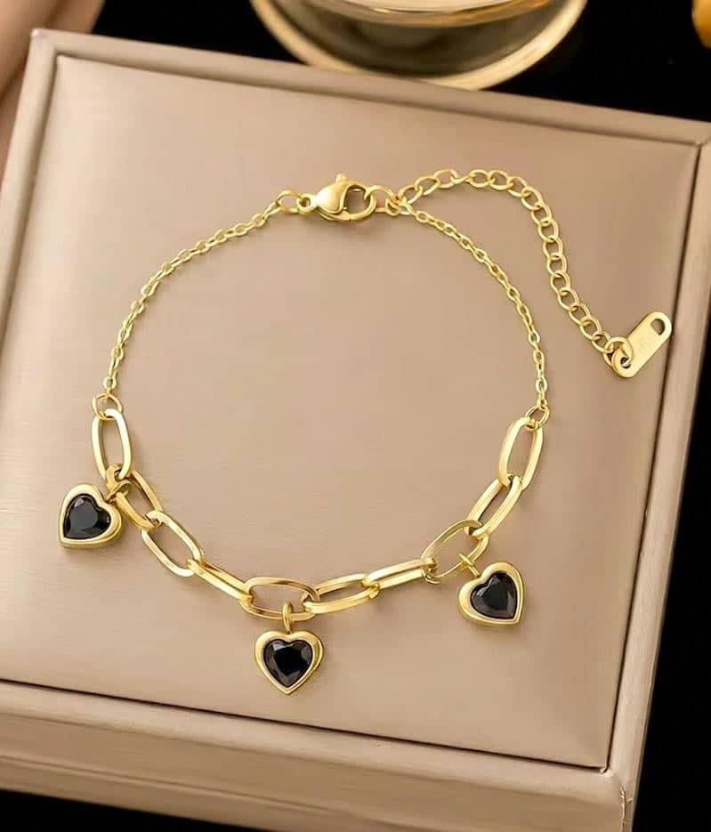 Triple Black Heart Charm Bracelet