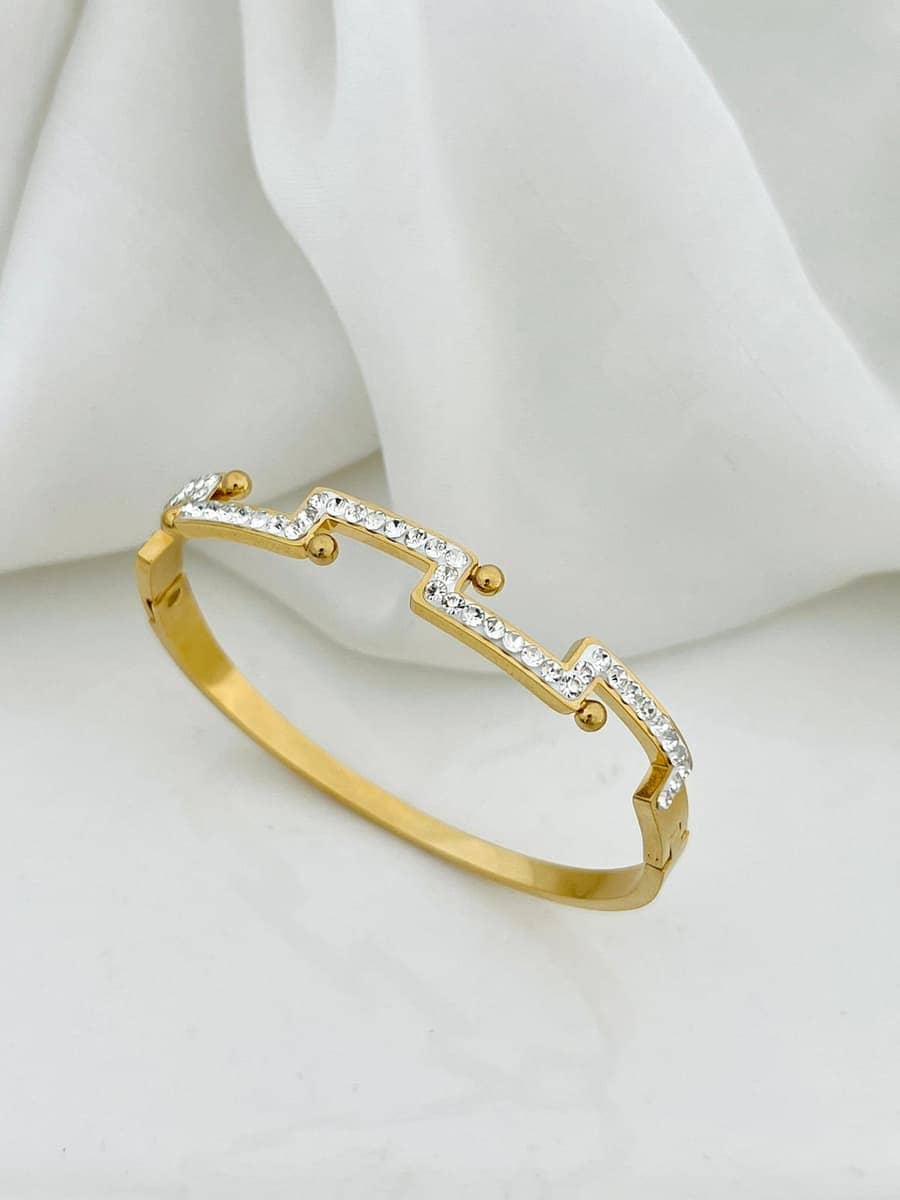 Zigzag Crystal Gold Hinged Bangle