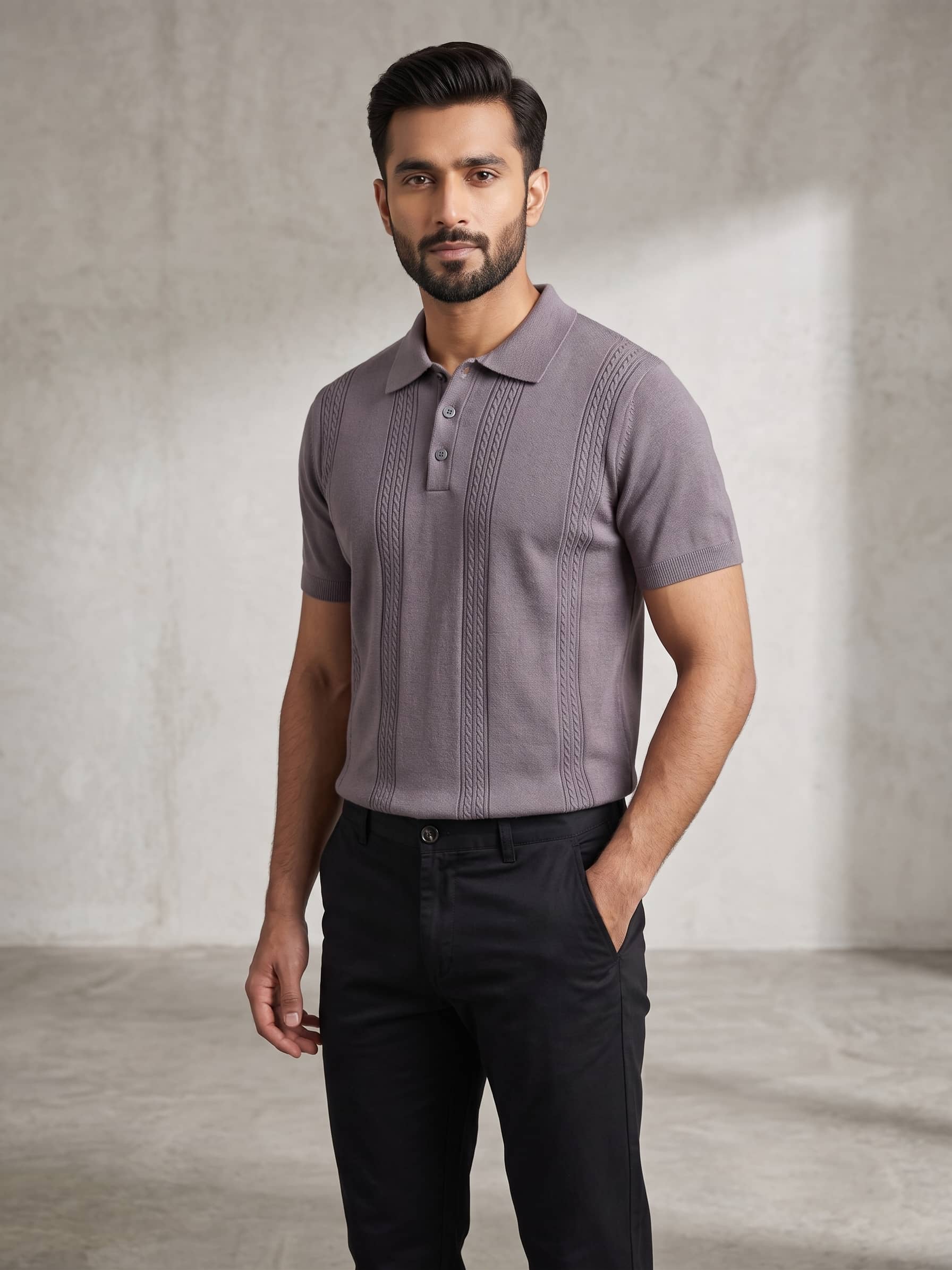 Men's Mauve Cable-Knit Polo & Black Chinos Pair