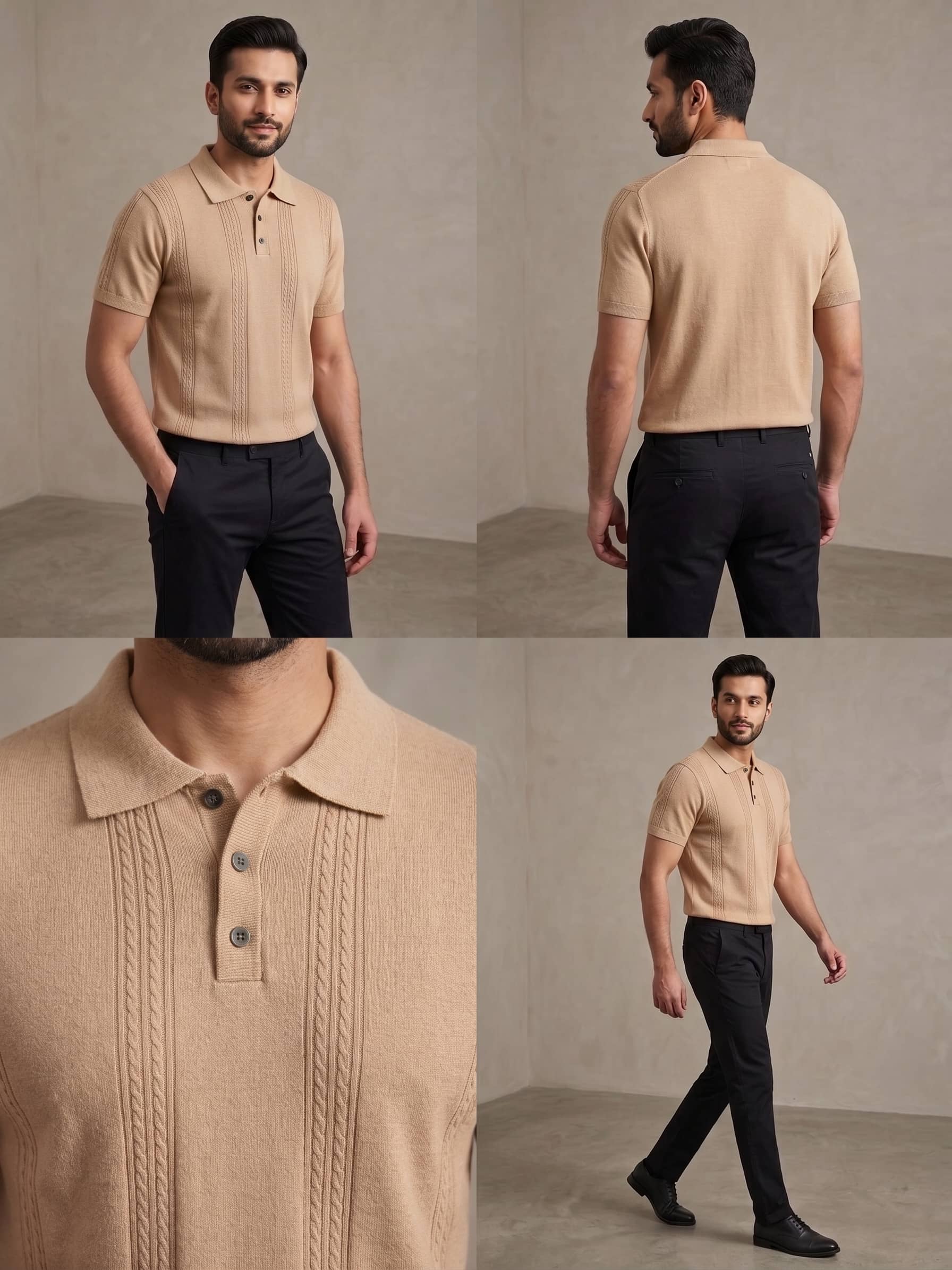 Men's Beige Cable-Knit Polo & Black Trousers Pair