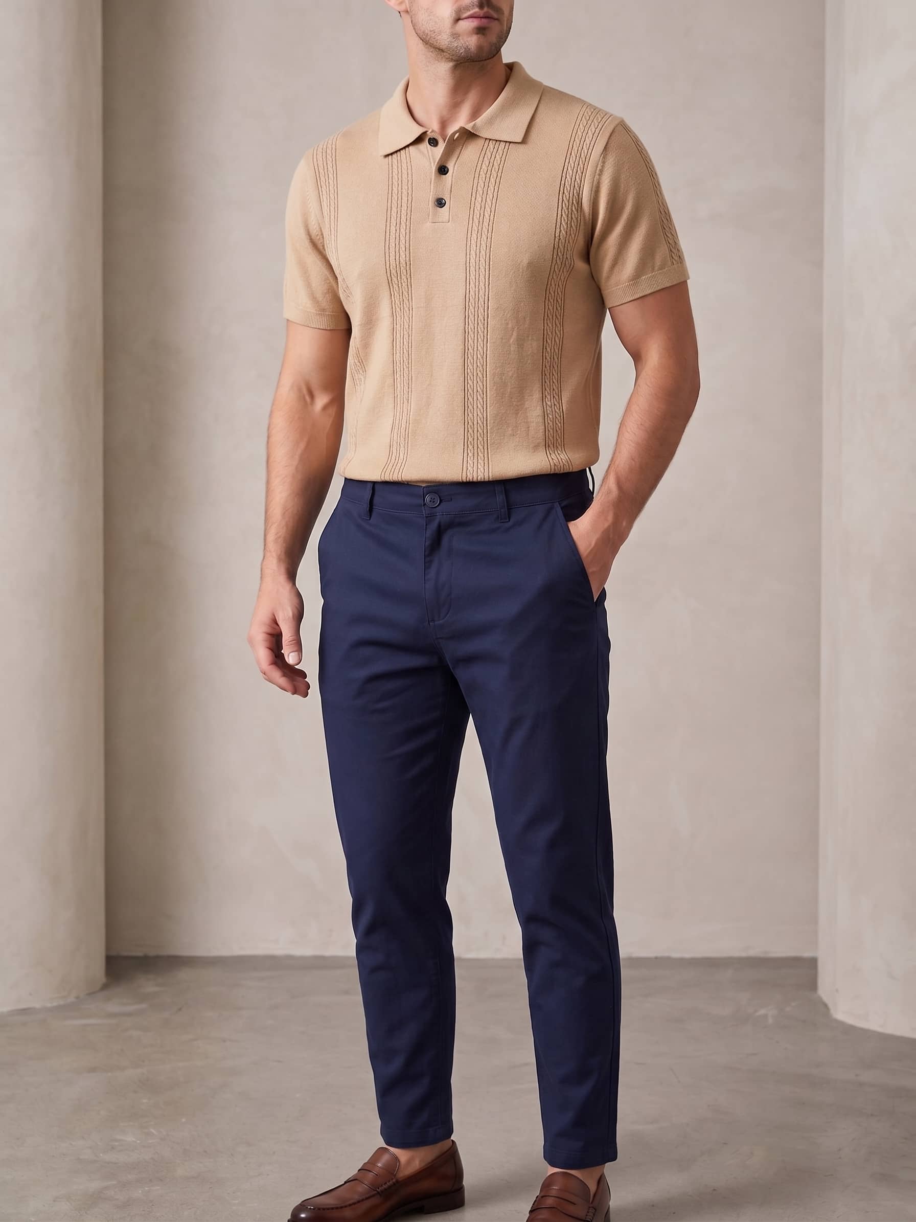 Men's Beige Textured Knit Polo & Navy Chinos Pair
