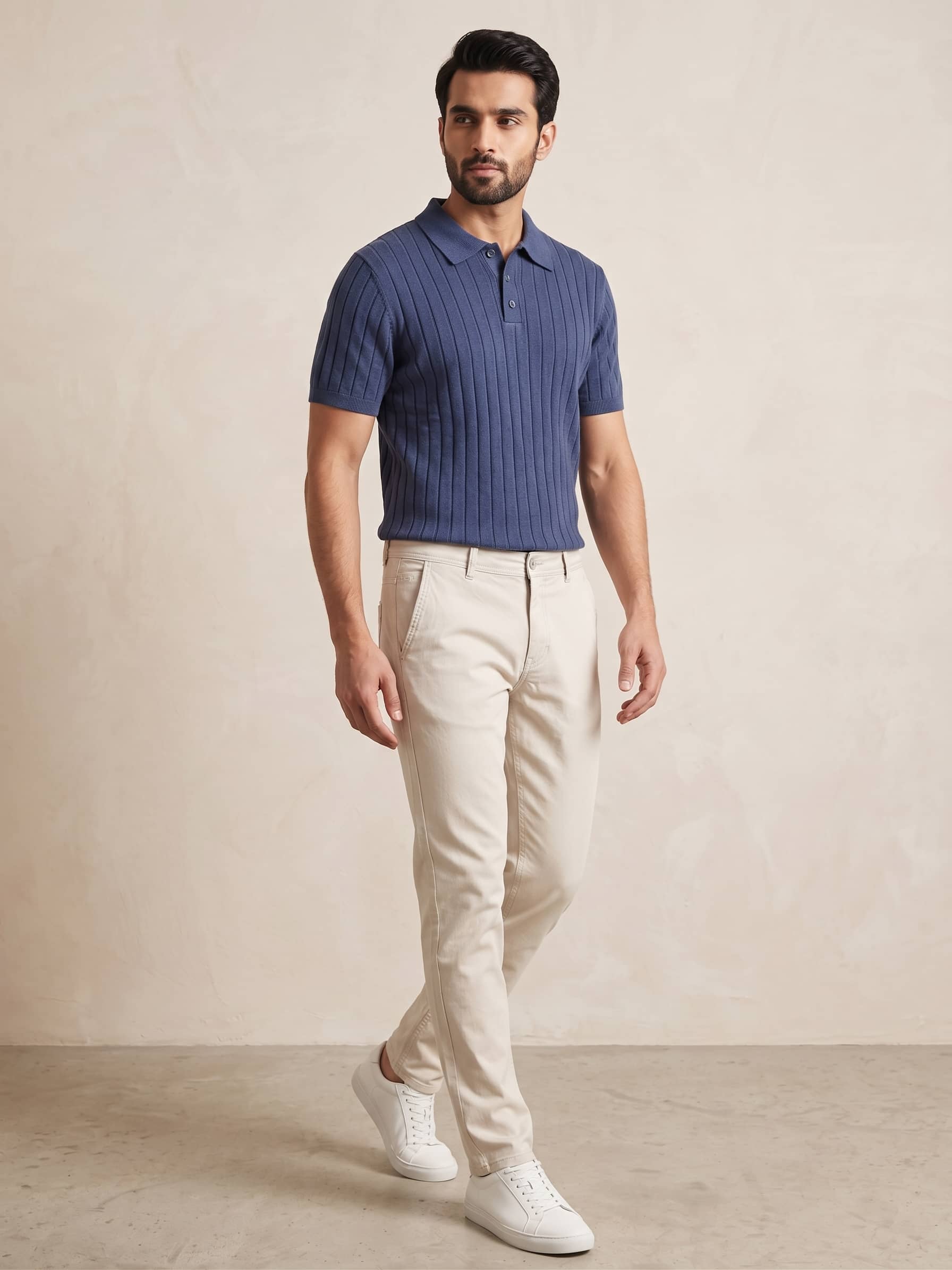 Men's Slate Blue Ribbed Knit Polo & Beige Chinos Pair