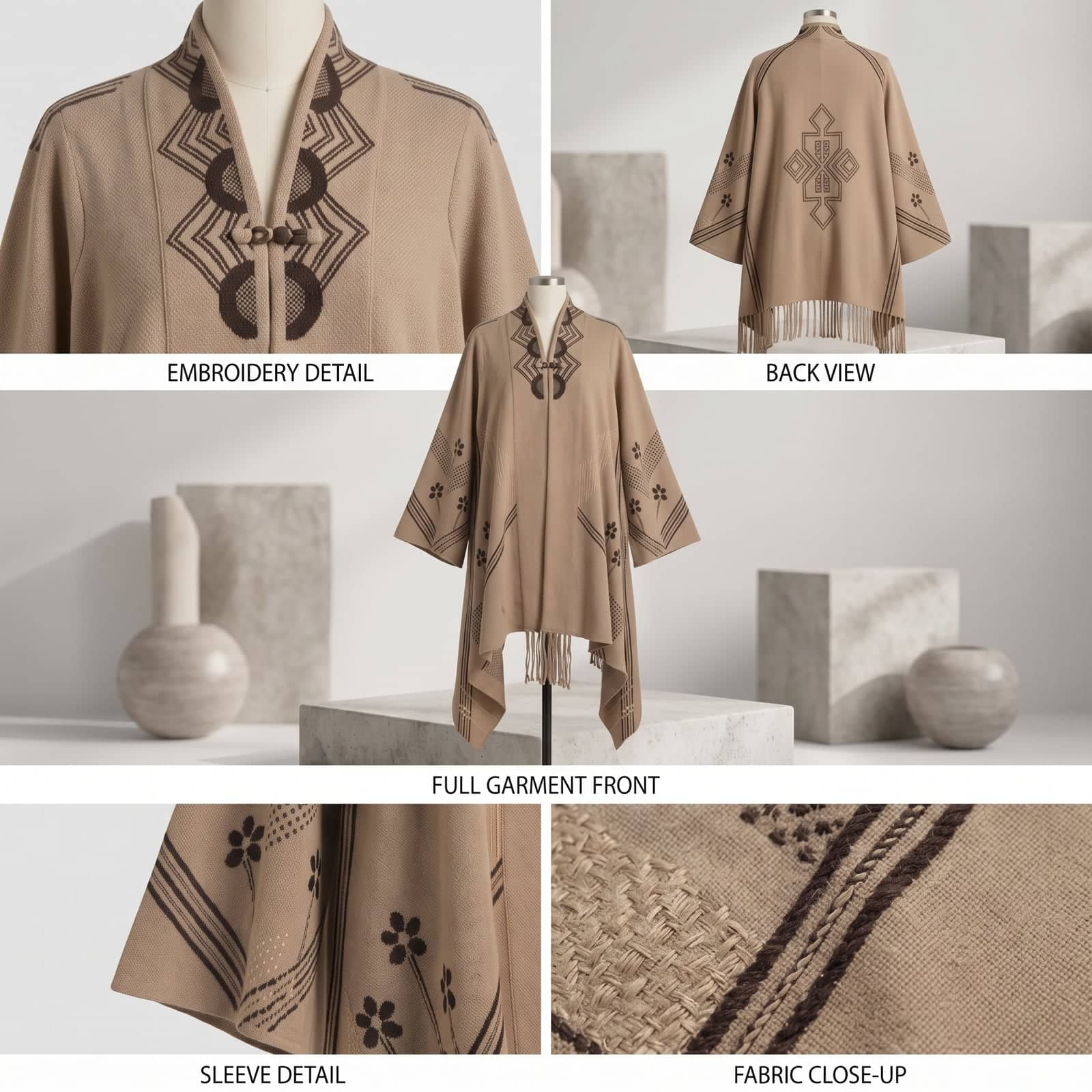 Camel Embroidered Fringe Winter Wrap Cape