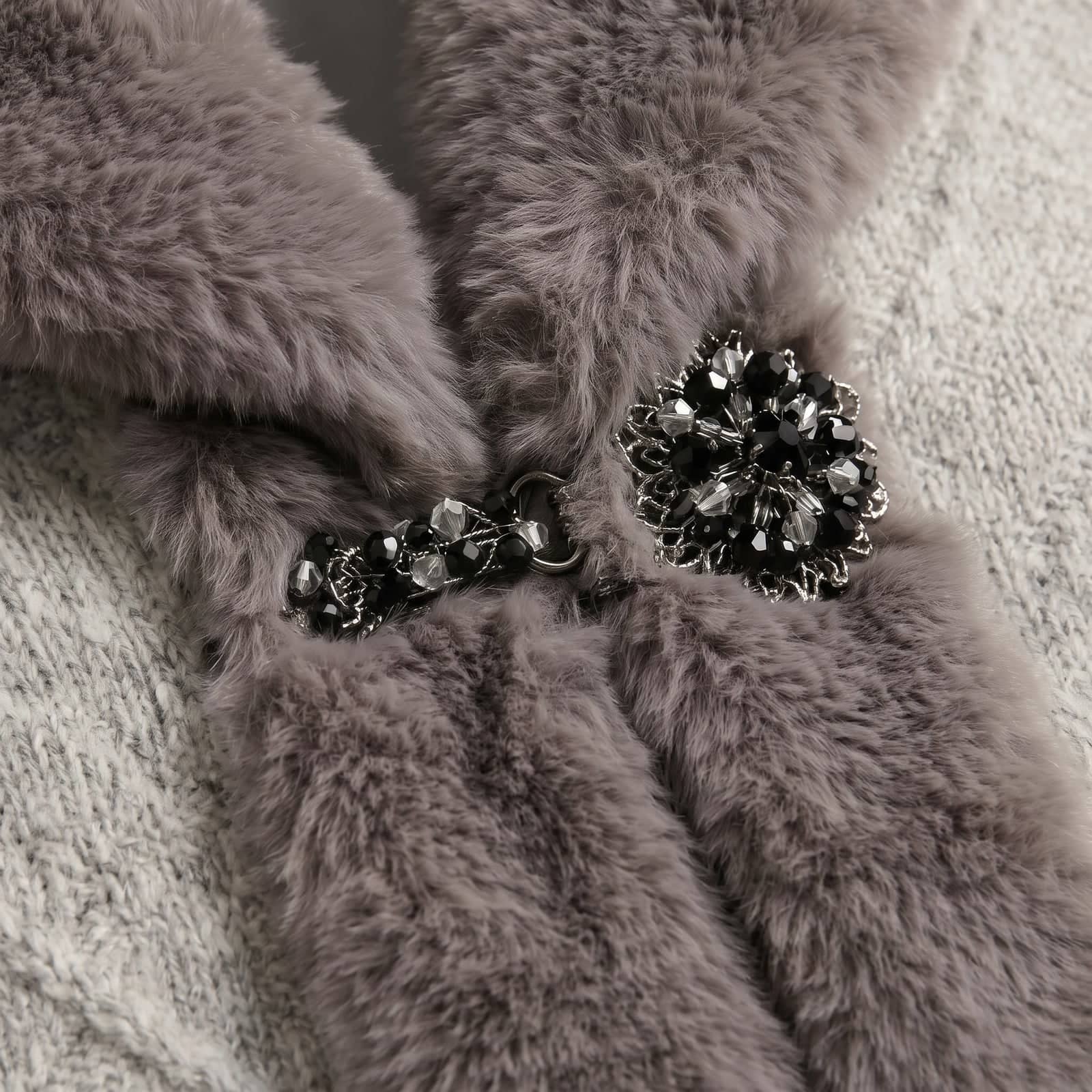 Grey Faux Fur Collar Chevron Knit Cape