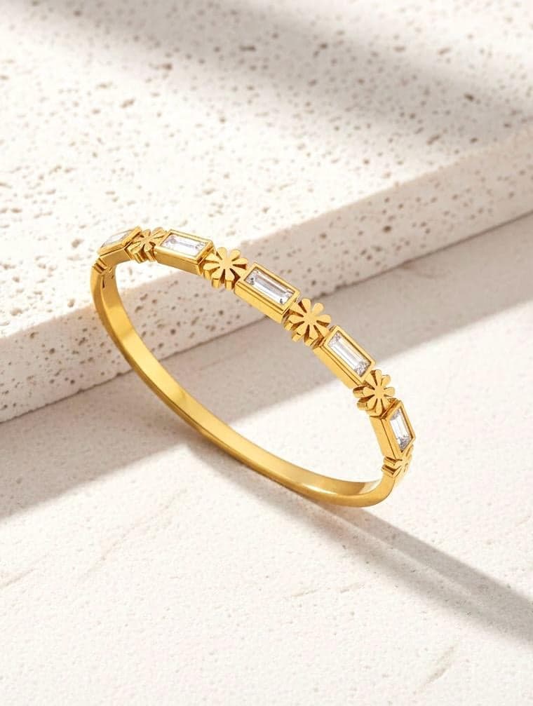 Baguette Crystal Floral Gold Bangle