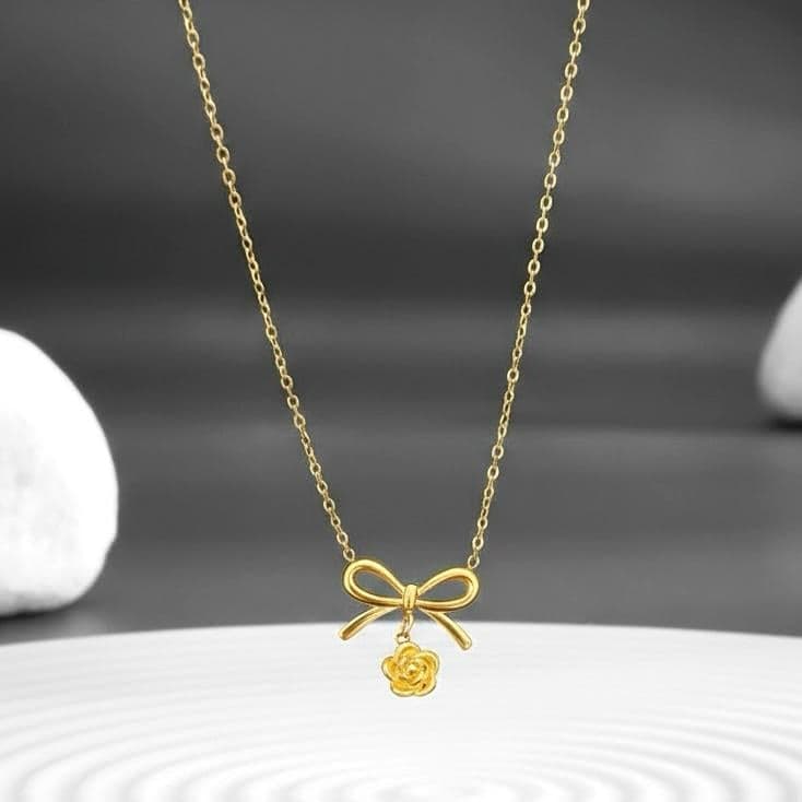 Bow Rose Charm Gold Necklace