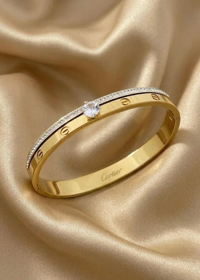 Screw Motif Crystal Gold Bangle