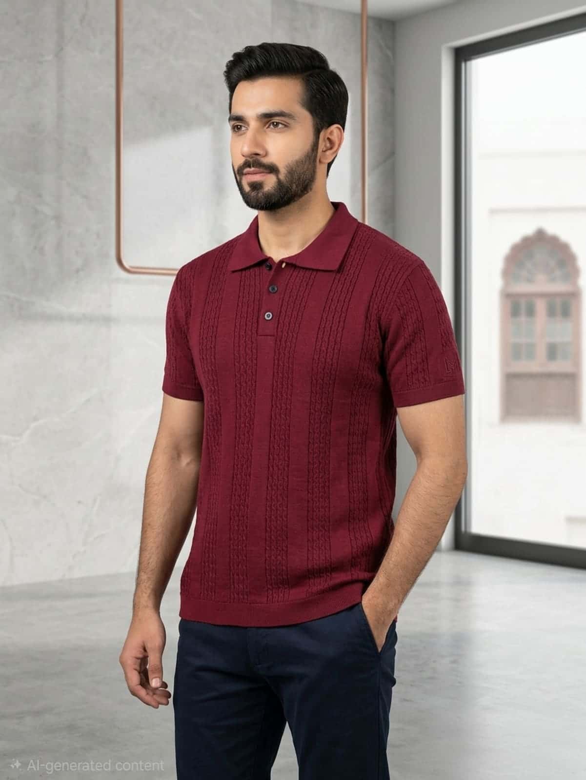 Maroon Cable-Knit Cotton Polo