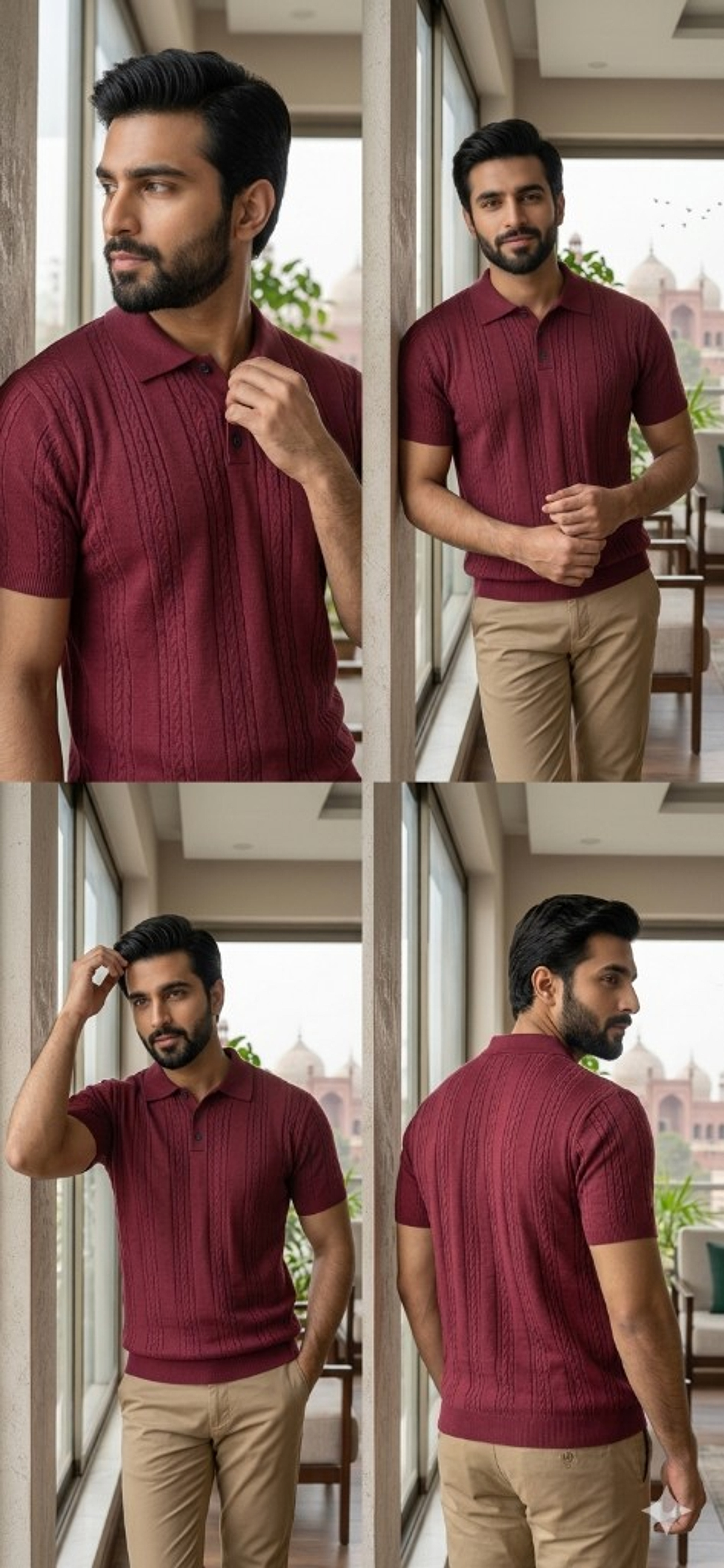 Maroon cable-knit polo collection