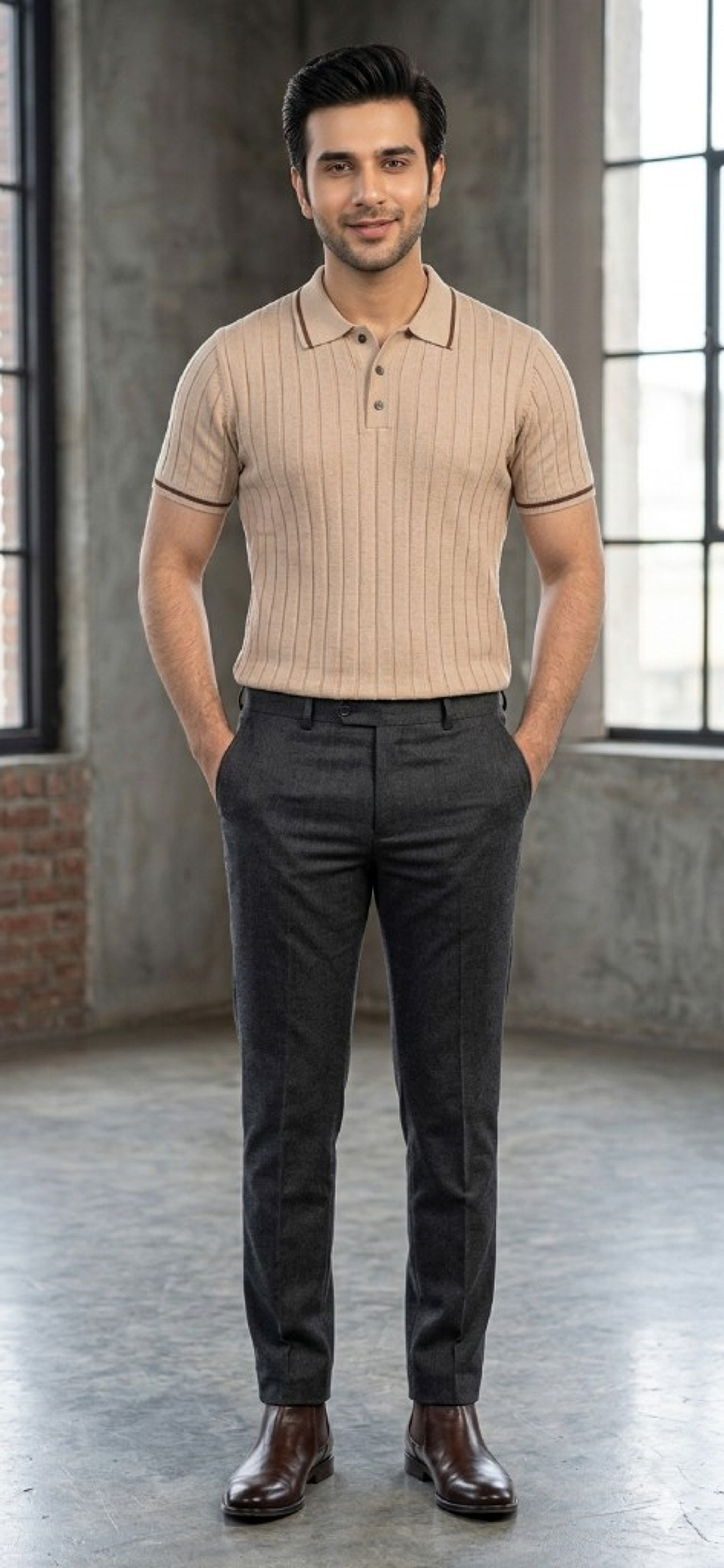 Beige Ribbed Polo with Trim