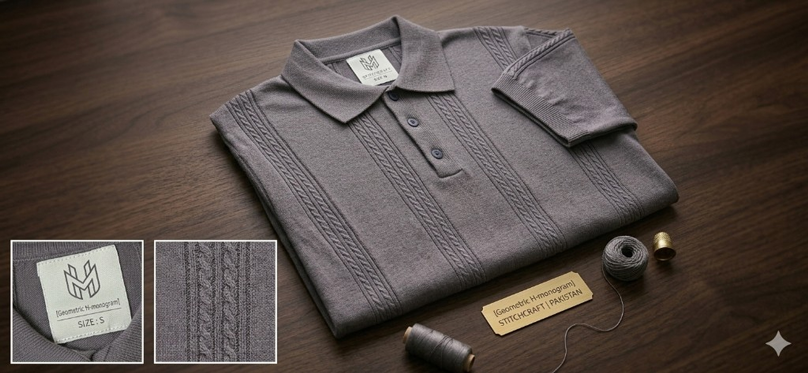 Steel Grey Cable-Knit Polo