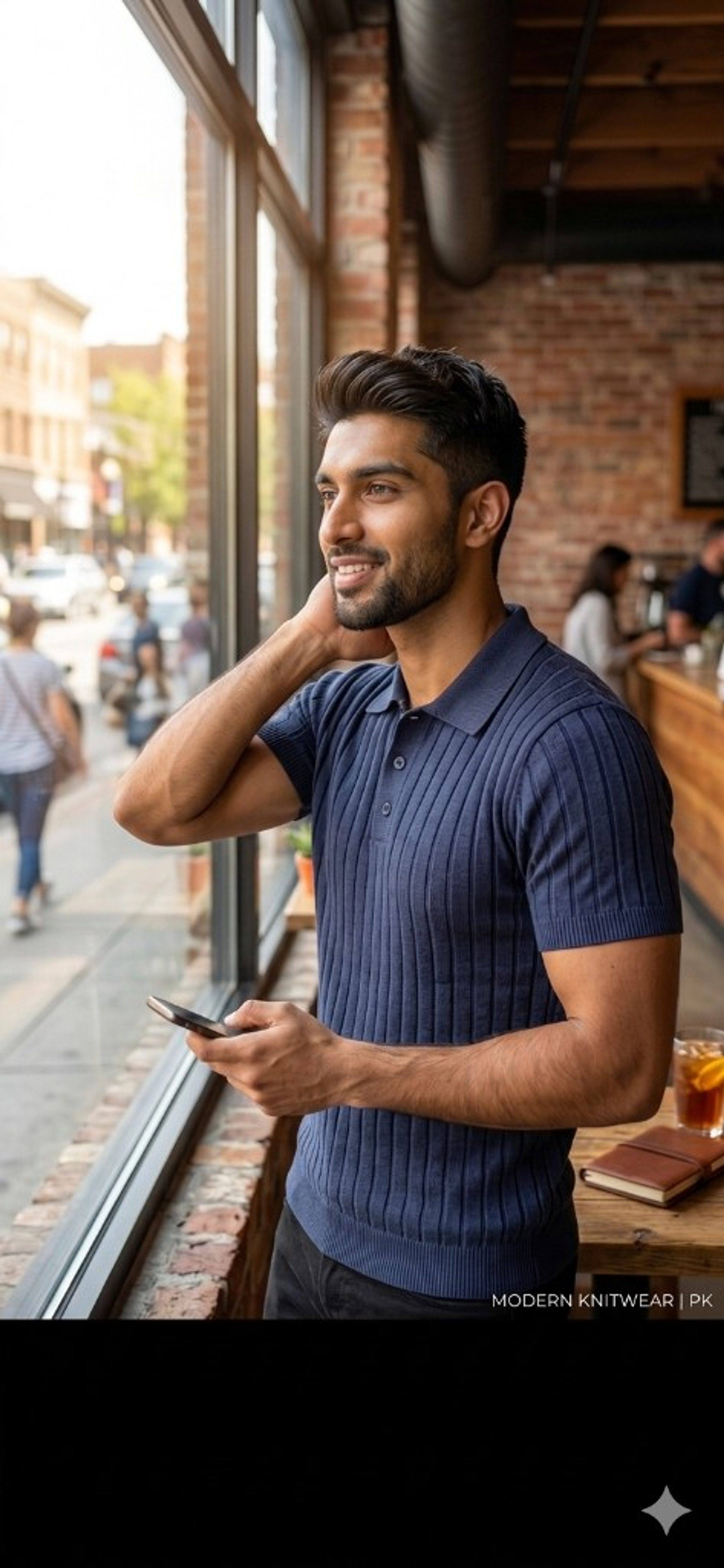 Navy Blue Ribbed Knit Polo